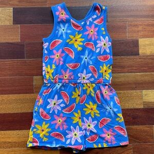 Tea Collection Reversible Blue Floral and Watermelon girls romper size 10